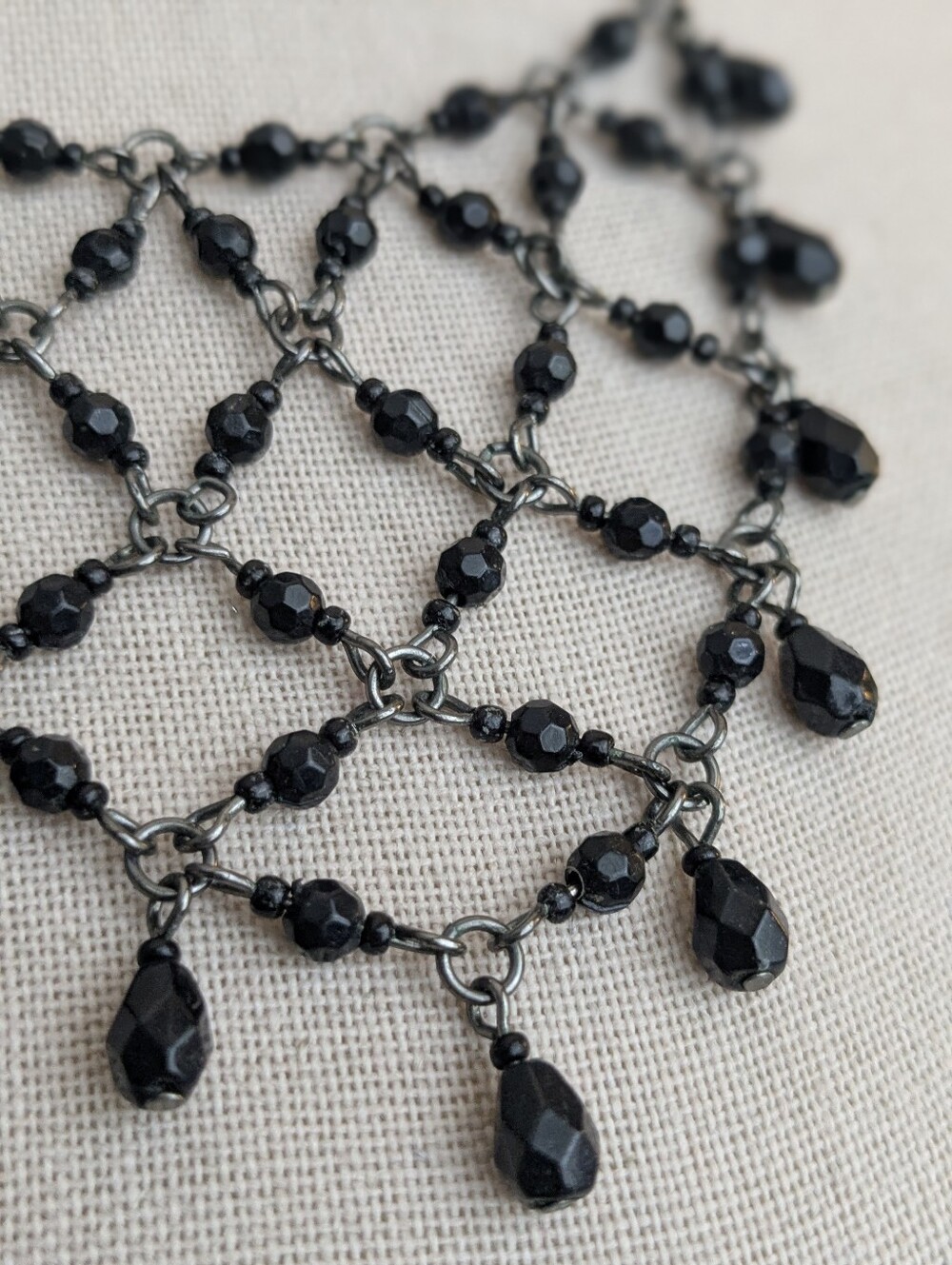 1928 Black Beaded Bib Necklace | Gothic Victorian Statement Necklace | 16–19"